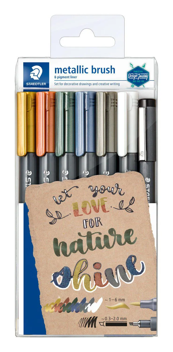 ■ Staedtler - Metallic Brush Pen - Wallet of 7 with Free Pigment Liner