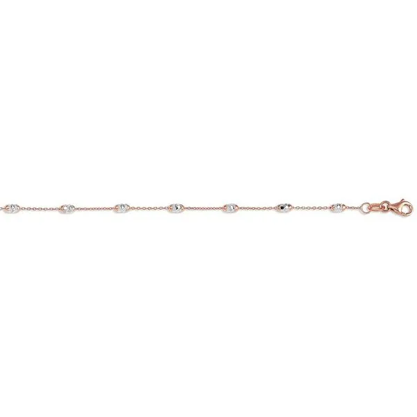 10K Rose and White Gold Fancy Oval Beaded Ankle Bracelet 9"/10"