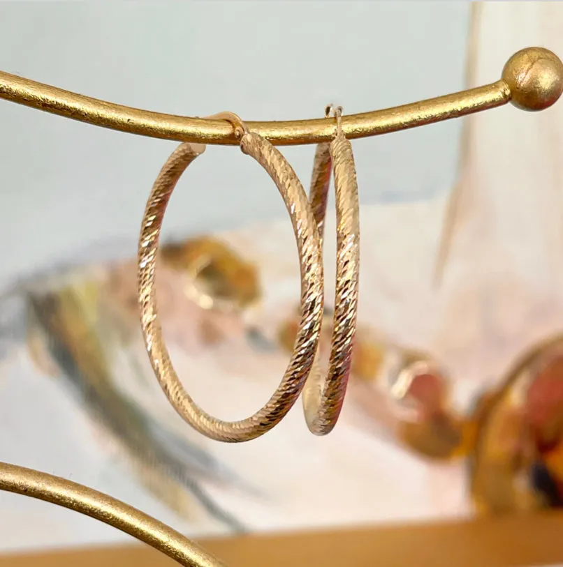 10KT Yellow Gold Diamond-Cut 3mm Round Tube Hoop Earrings 45mm