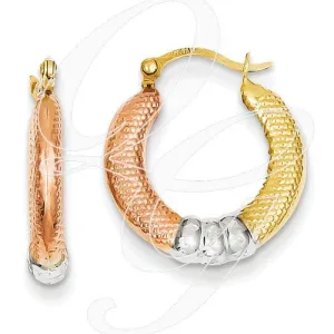 14K & White And Rose Textured D/C Scalloped Hoop Earrings