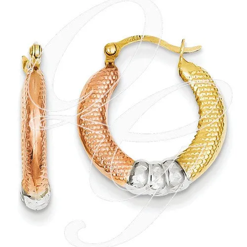 14K & White And Rose Textured D/C Scalloped Hoop Earrings