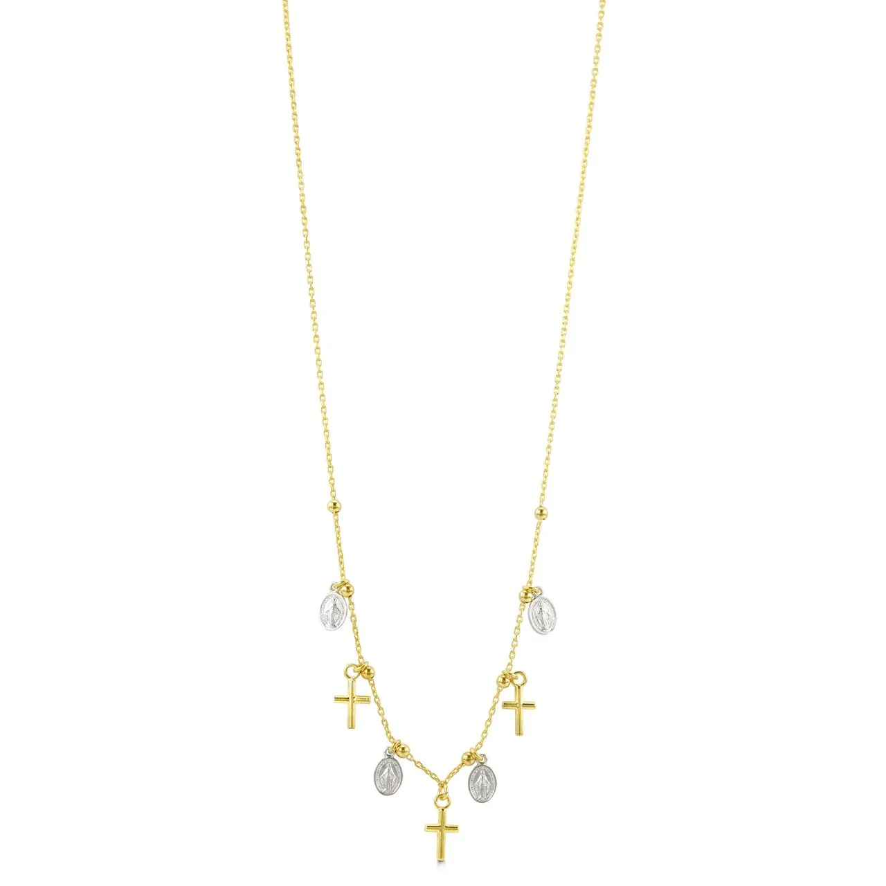 14K Yellow and White Gold Rosary Necklace with Dangling Charms