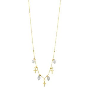 14K Yellow and White Gold Rosary Necklace with Dangling Charms