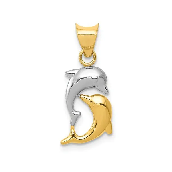 14K Yellow Gold and Rhodium Polished Dolphin Pendant