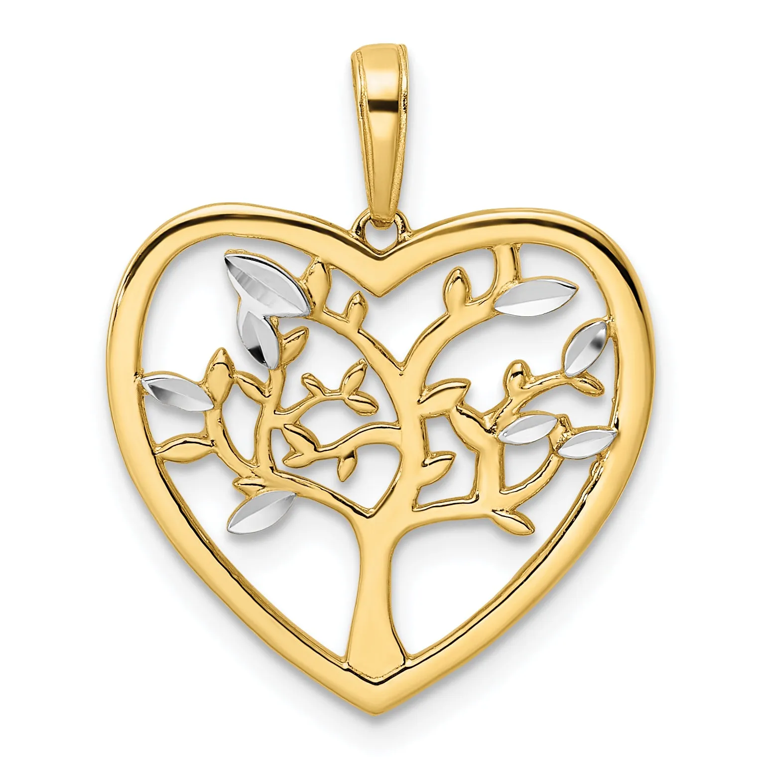 14k Yellow Gold White Rhodium D.C Tree of Life Heart Pendant