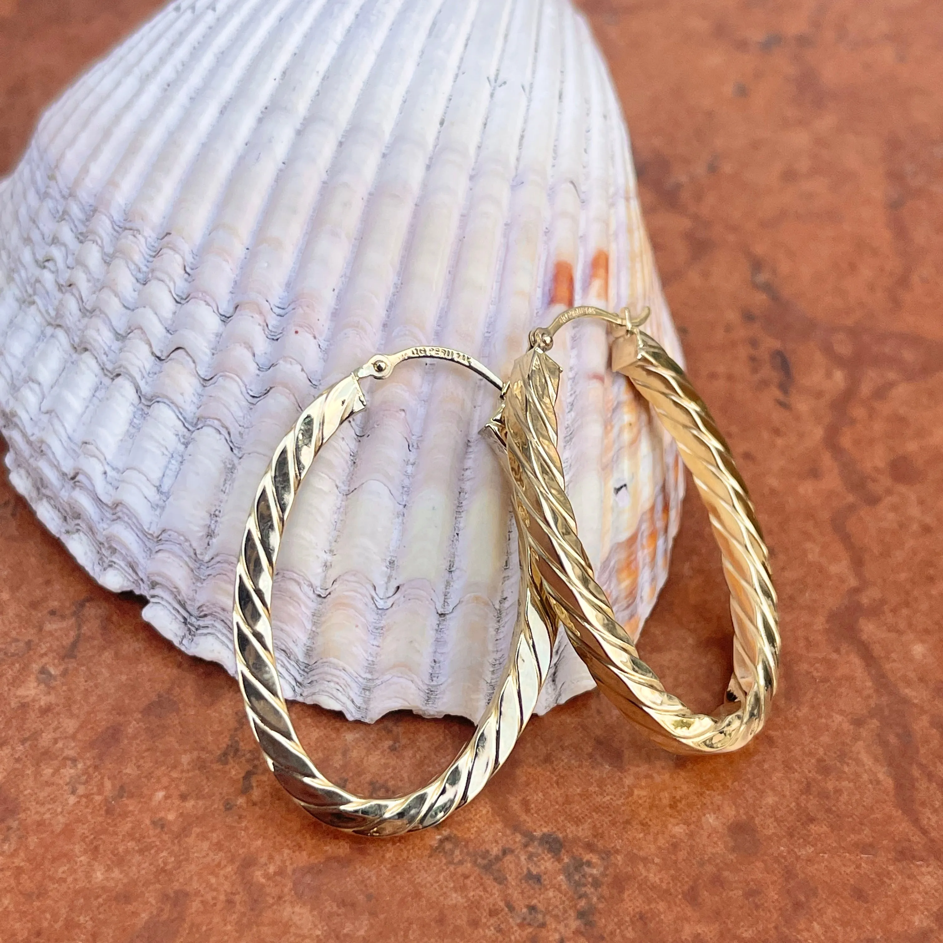 14KT Yellow Gold Oval Twisted Hoop Earrings 37mm