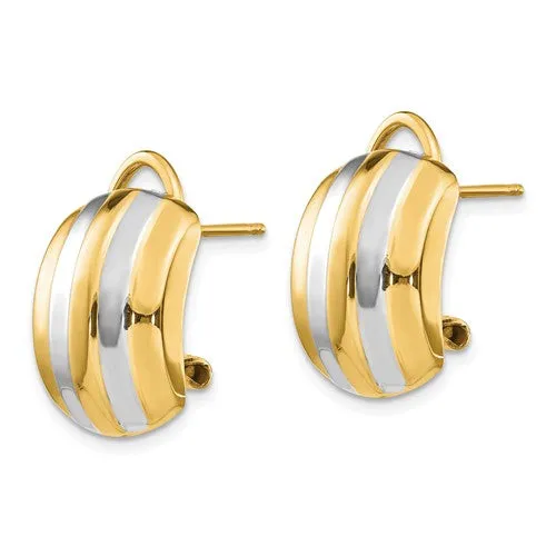 14KT Yellow Gold   Rhodium Striped Omega Back Earrings
