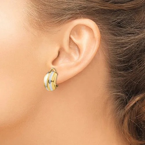 14KT Yellow Gold   Rhodium Striped Omega Back Earrings