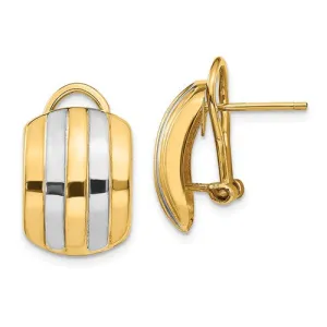 14KT Yellow Gold   Rhodium Striped Omega Back Earrings