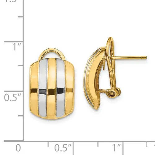 14KT Yellow Gold   Rhodium Striped Omega Back Earrings