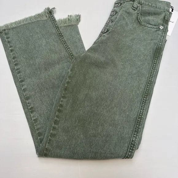 $208 NWT 7 For All Mankind Button Fly 26 Jean Distressed Green High Rise