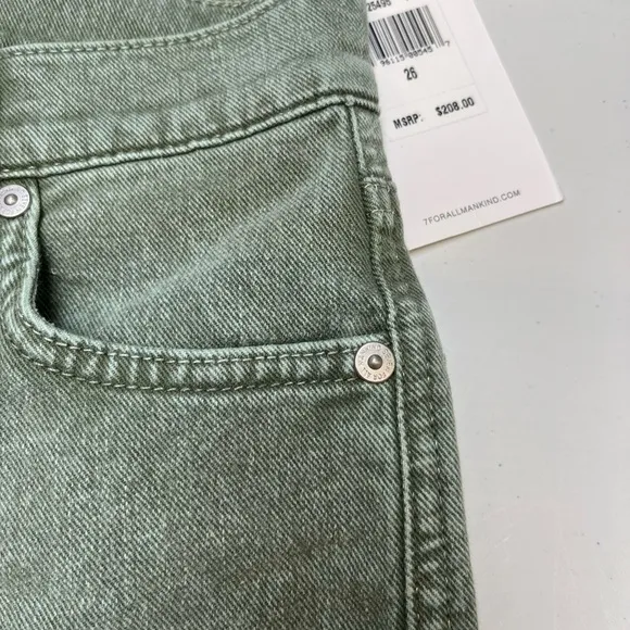 $208 NWT 7 For All Mankind Button Fly 26 Jean Distressed Green High Rise