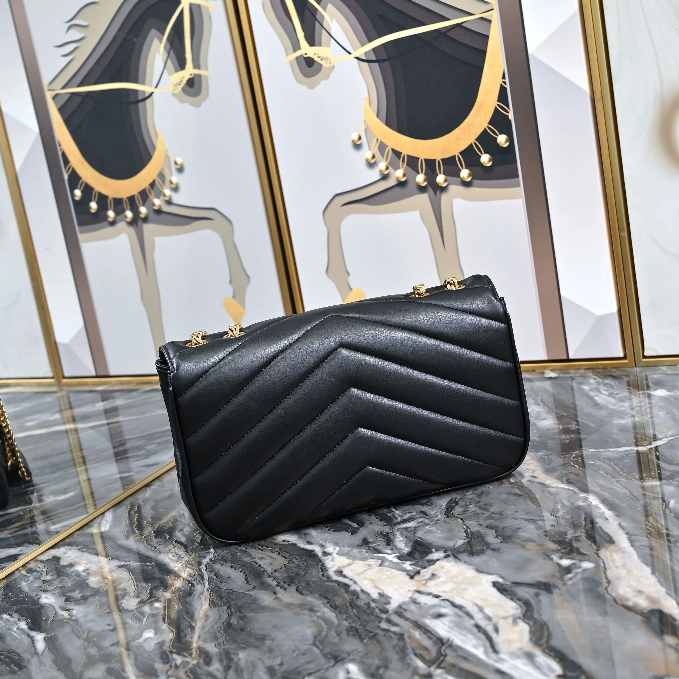 3 Size - Elegant Black Herringbone Shoulder Bag