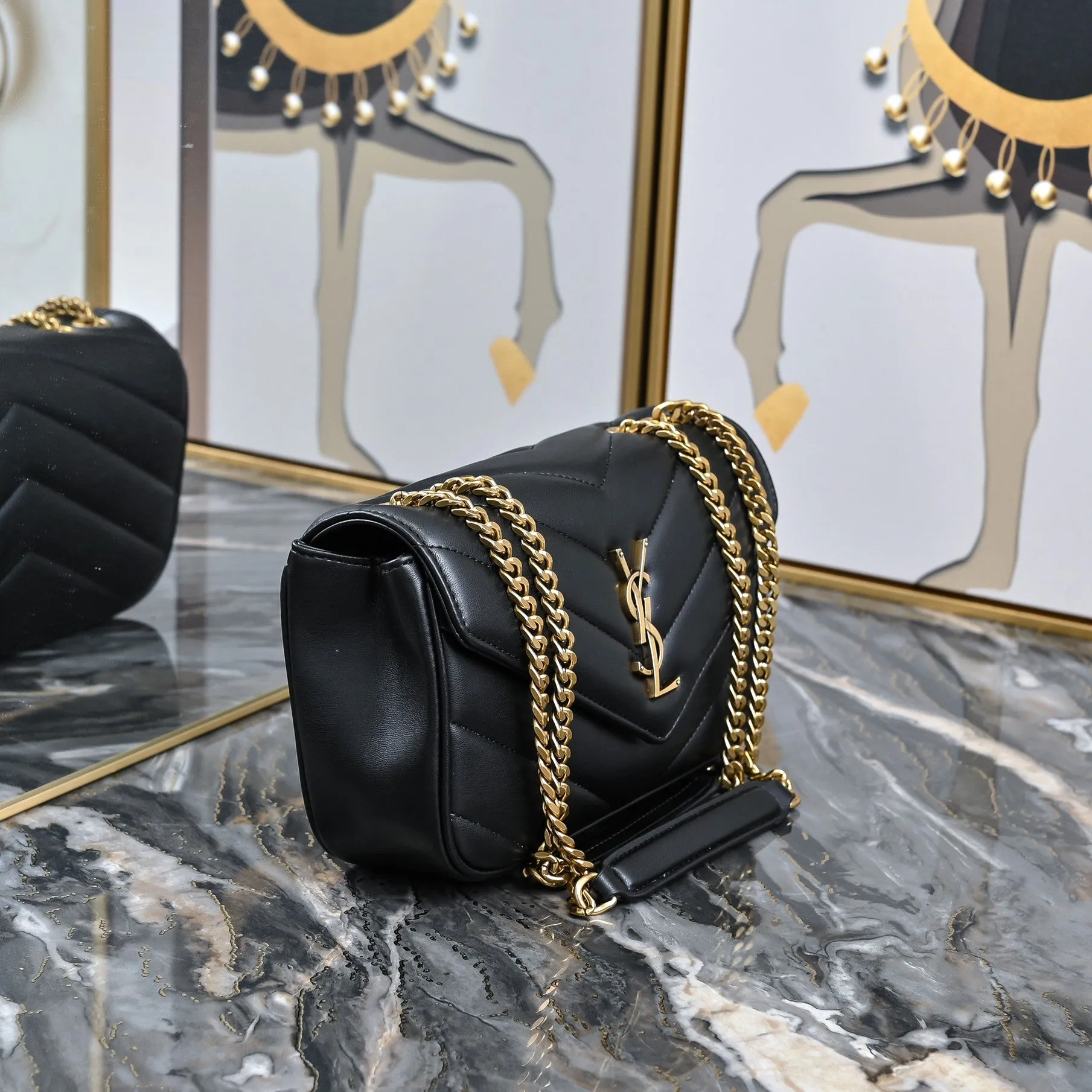 3 Size - Elegant Black Herringbone Shoulder Bag