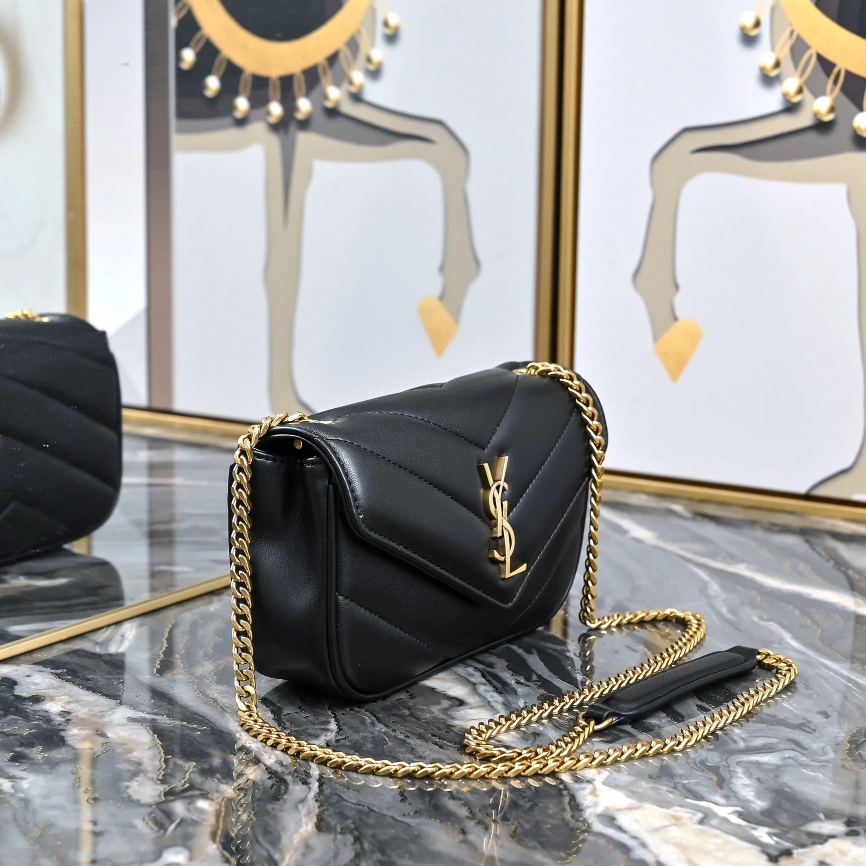 3 Size - Elegant Black Herringbone Shoulder Bag