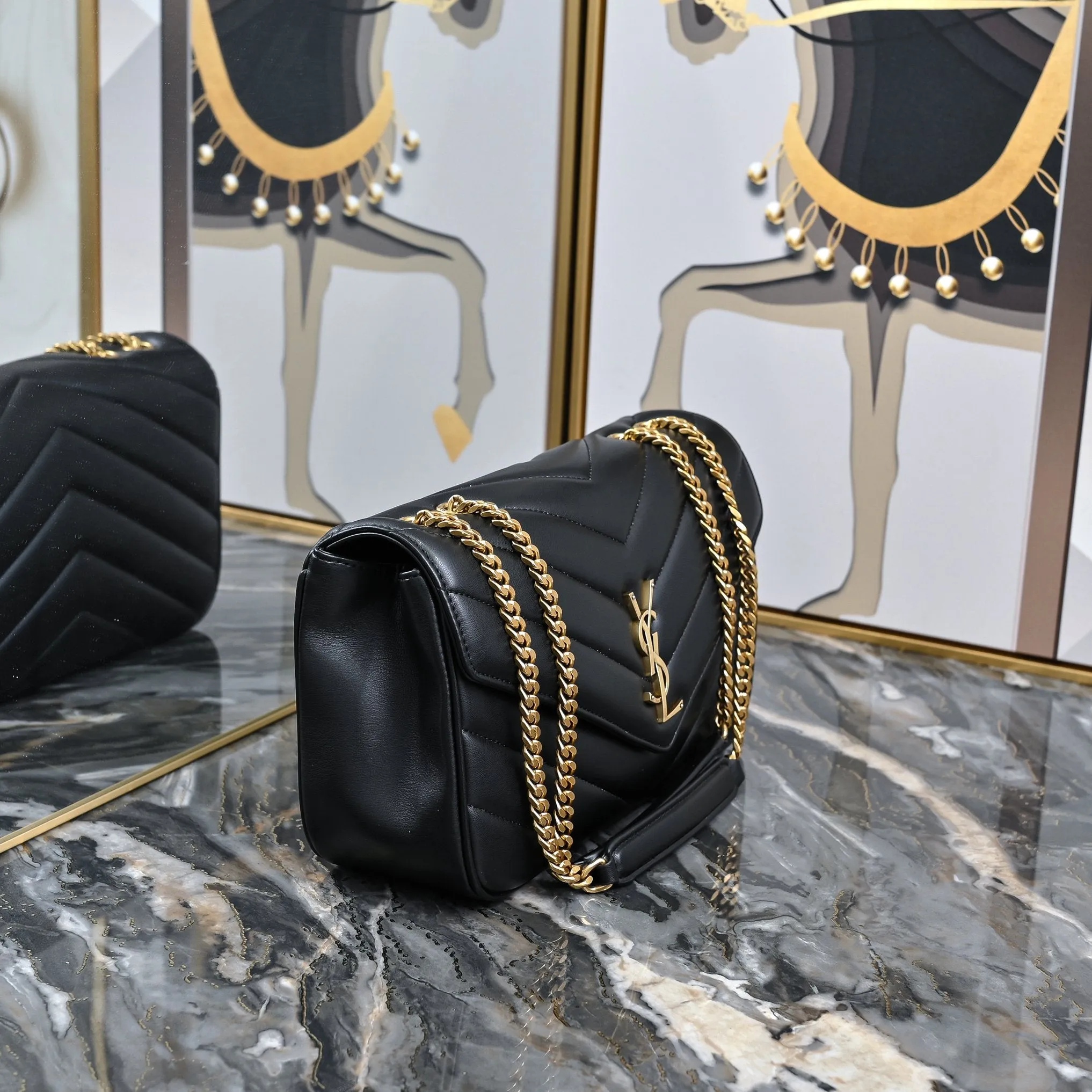 3 Size - Elegant Black Herringbone Shoulder Bag