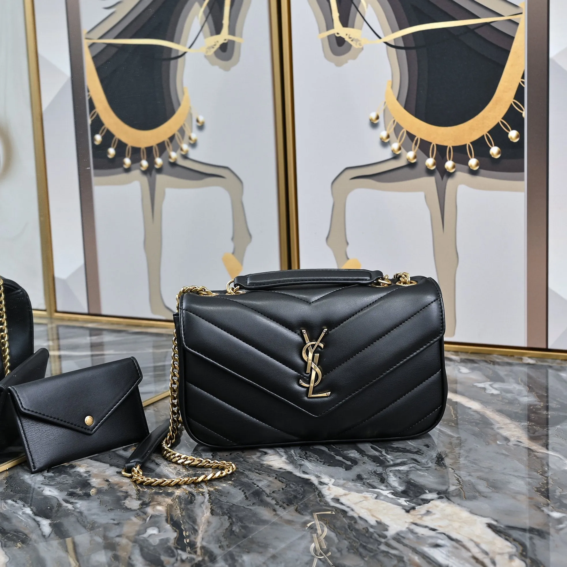 3 Size - Elegant Black Herringbone Shoulder Bag