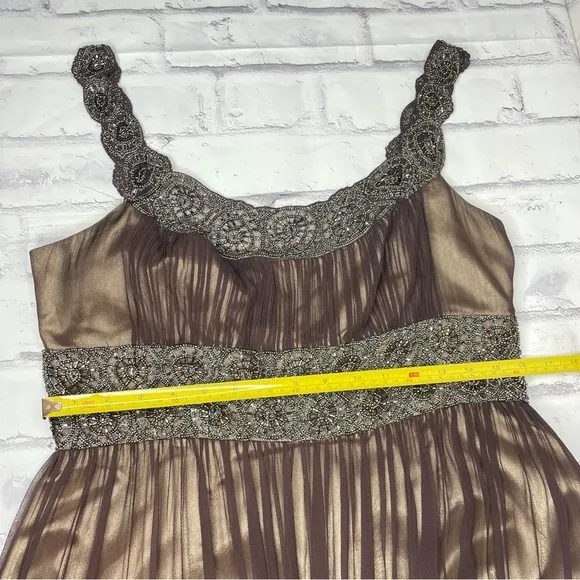 Adrianna Papell Evening Dress Sz 12 Brown Silk Beaded Cocktail Party Formal Y2K