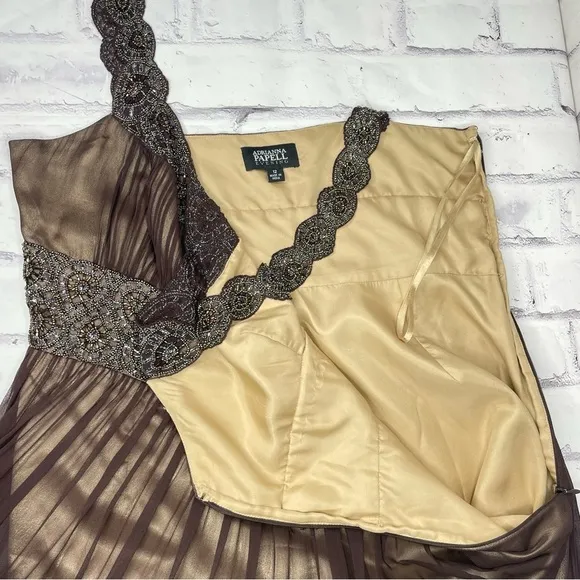 Adrianna Papell Evening Dress Sz 12 Brown Silk Beaded Cocktail Party Formal Y2K
