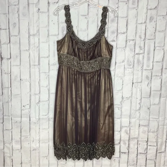 Adrianna Papell Evening Dress Sz 12 Brown Silk Beaded Cocktail Party Formal Y2K