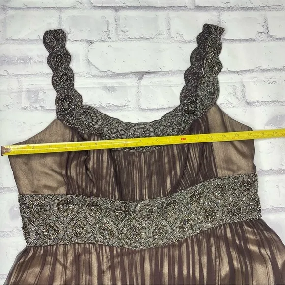 Adrianna Papell Evening Dress Sz 12 Brown Silk Beaded Cocktail Party Formal Y2K