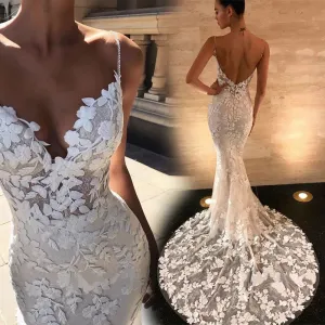 backless mermaid wedding dresses for bride lace appliqué elegant mermaid sexy bridal dress vestido de novia