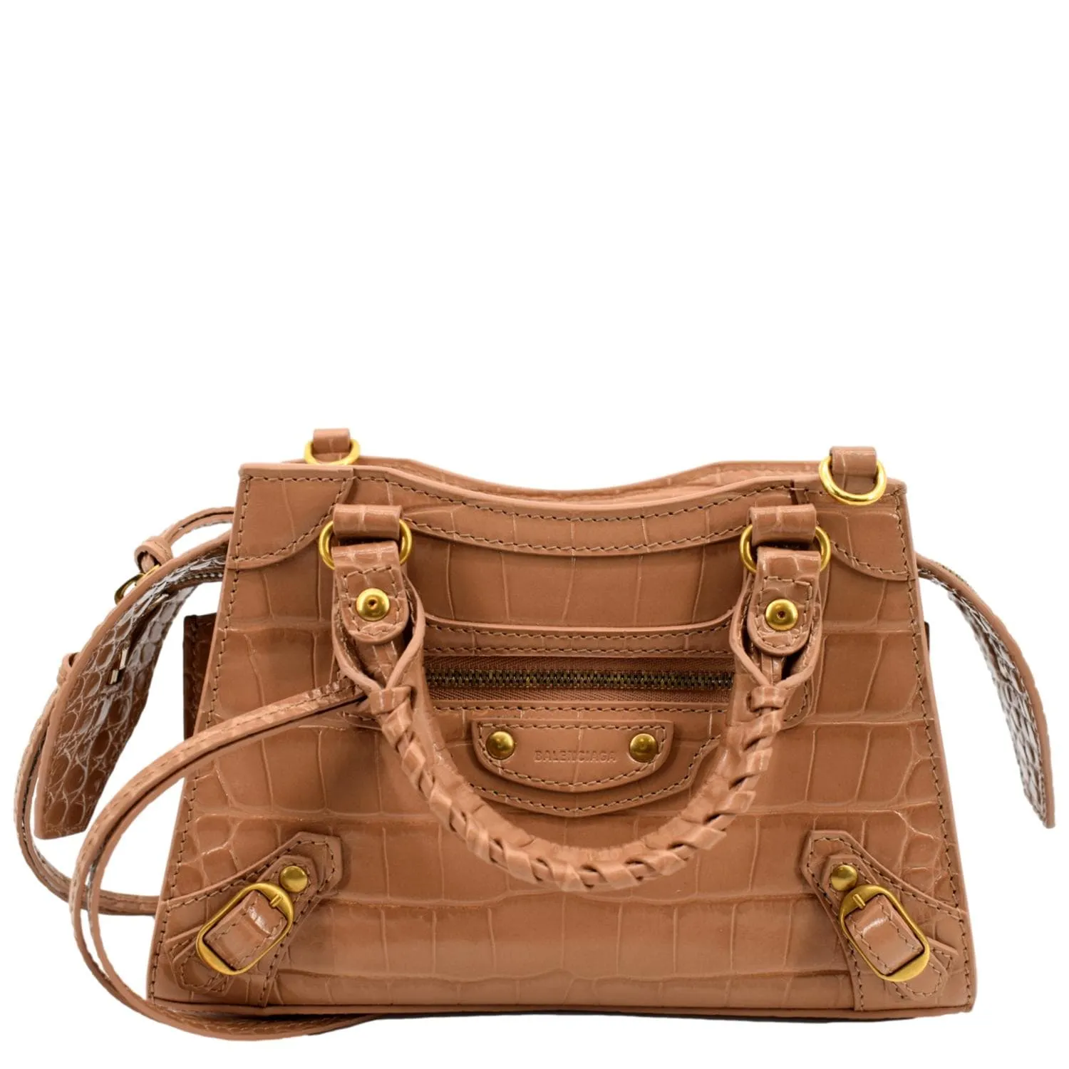 BALENCIAGA Neo Classic City Mini Croc Top Handle Shoulder Bag Brown
