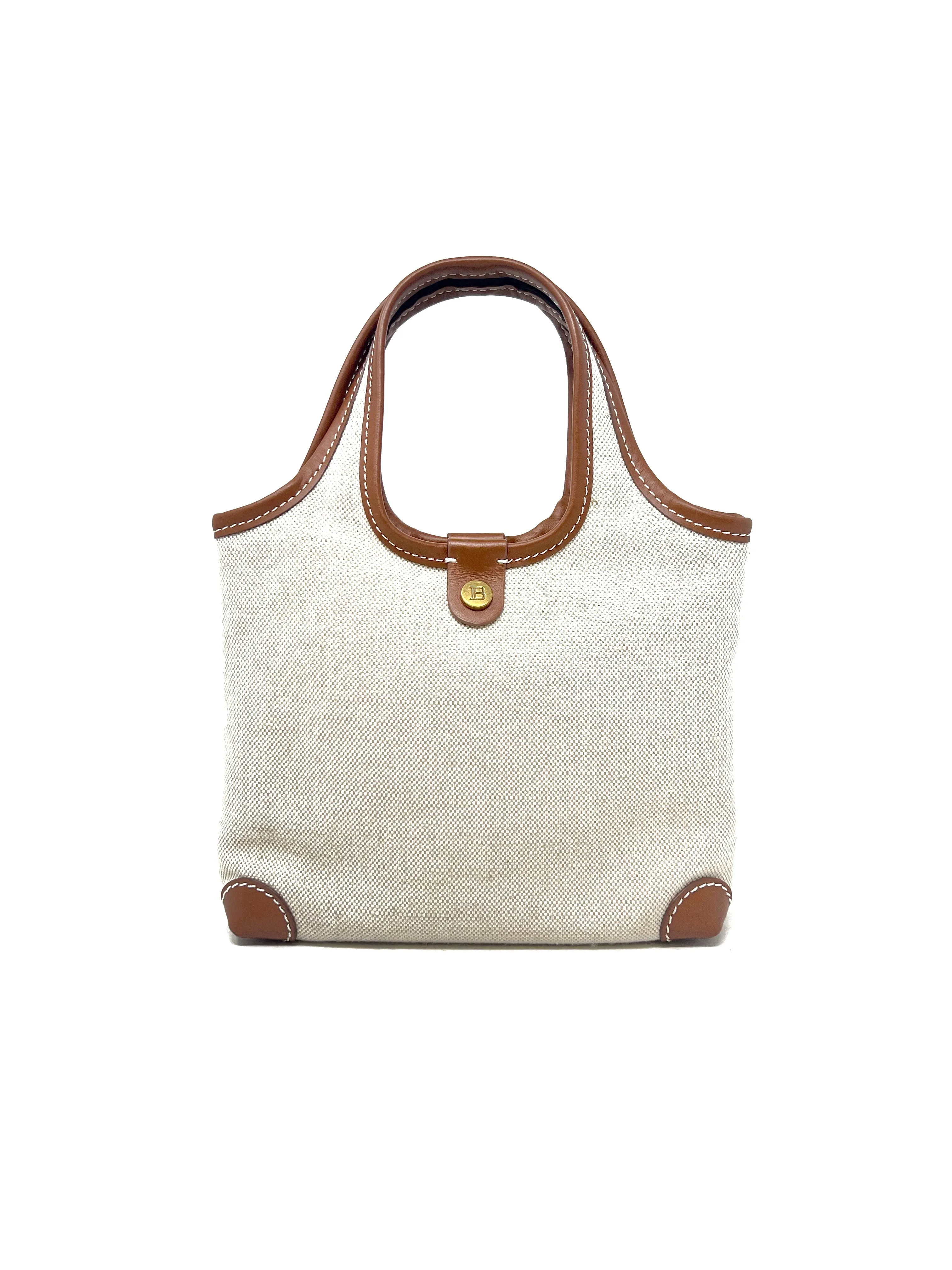 Balmain Luggage/Natural 'B-Army' Logo Canvas Mini Grocery Bag