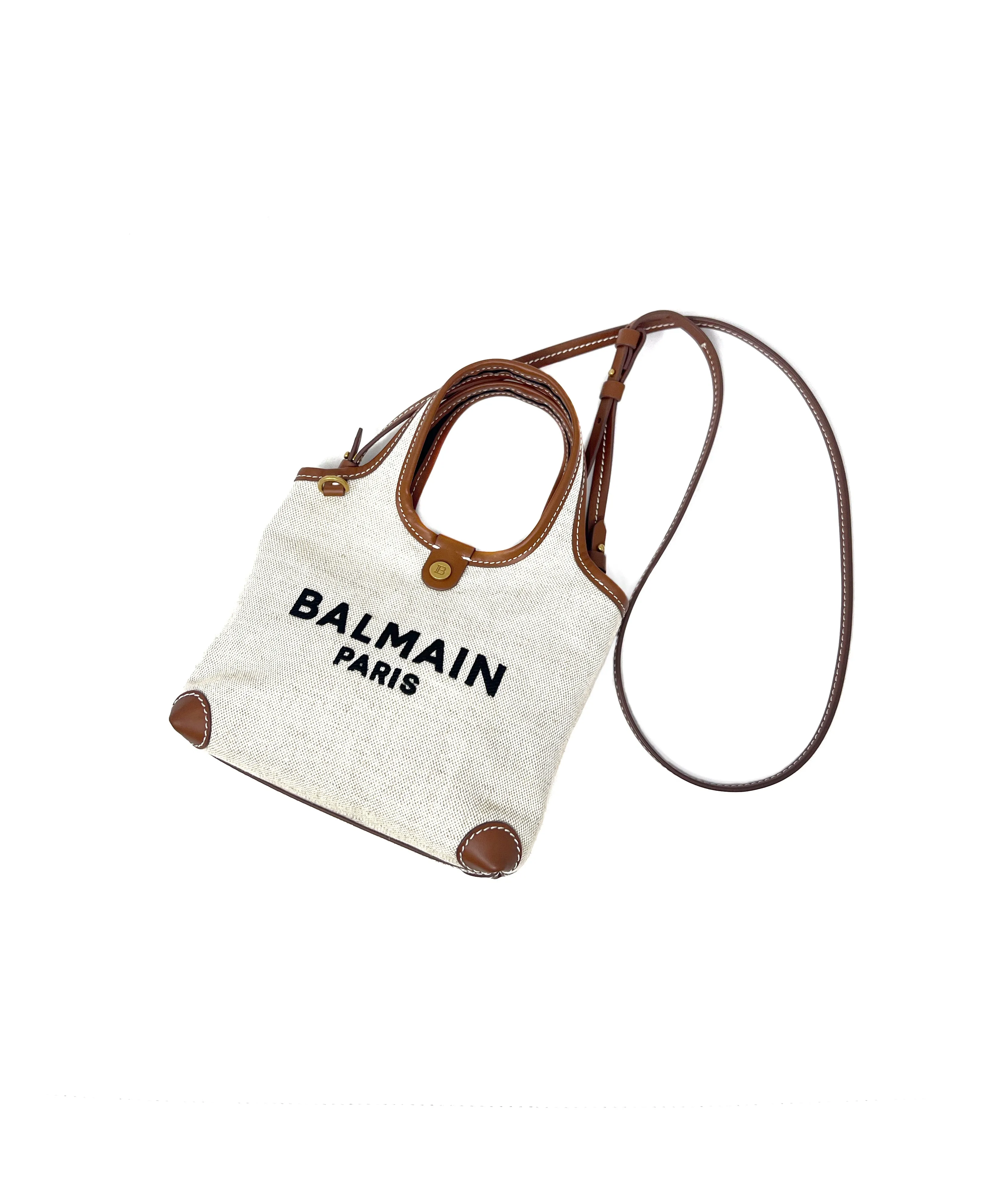 Balmain Luggage/Natural 'B-Army' Logo Canvas Mini Grocery Bag