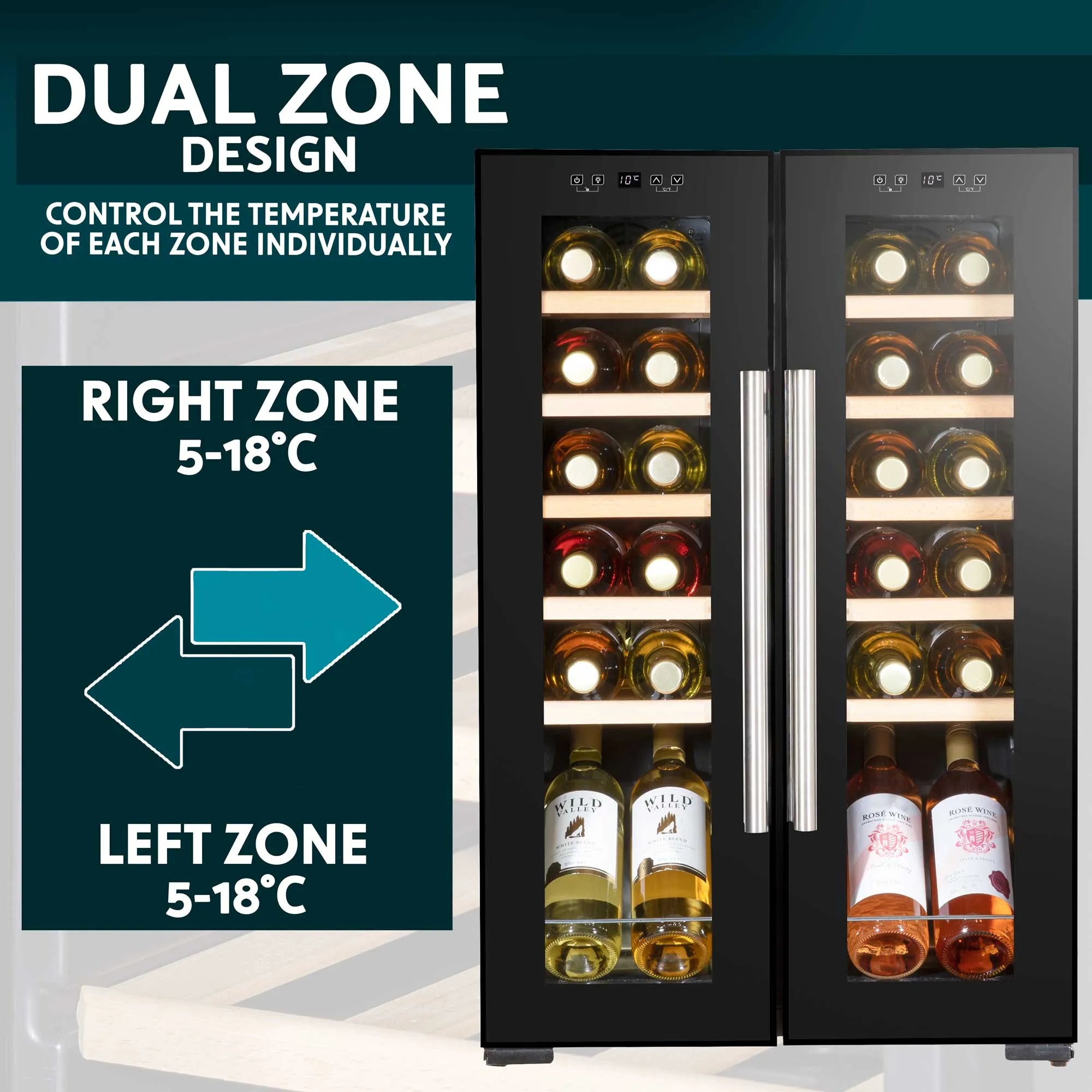 Baridi 24 Bottle Dual Zone Wine Cooler, Fridge, Touch Screen, LED Light, Mirror Glass Door - DH97