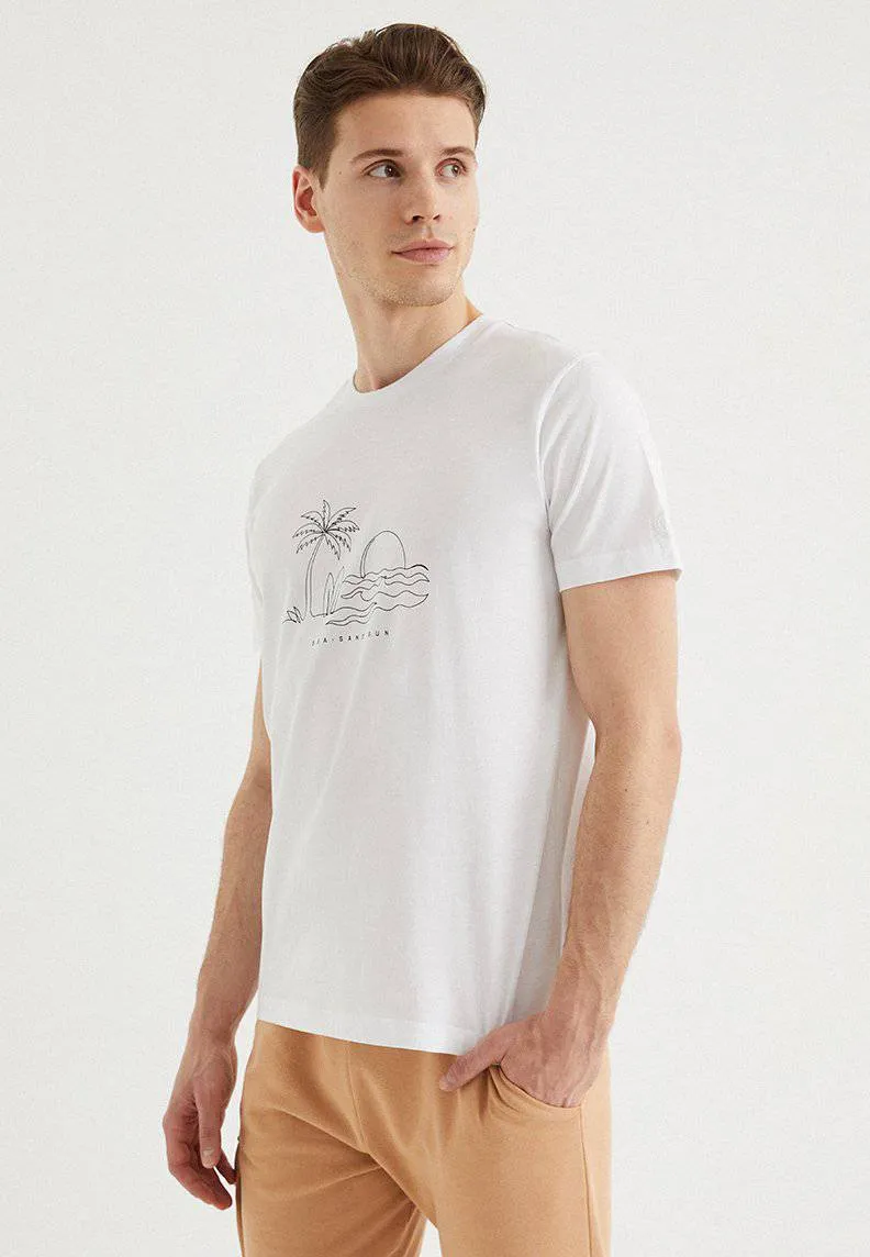 Beyaz Baskılı Bisiklet Yaka Pamuklu Regular Fit Erkek T-Shirt SAND