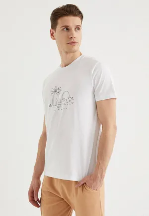 Beyaz Baskılı Bisiklet Yaka Pamuklu Regular Fit Erkek T-Shirt SAND