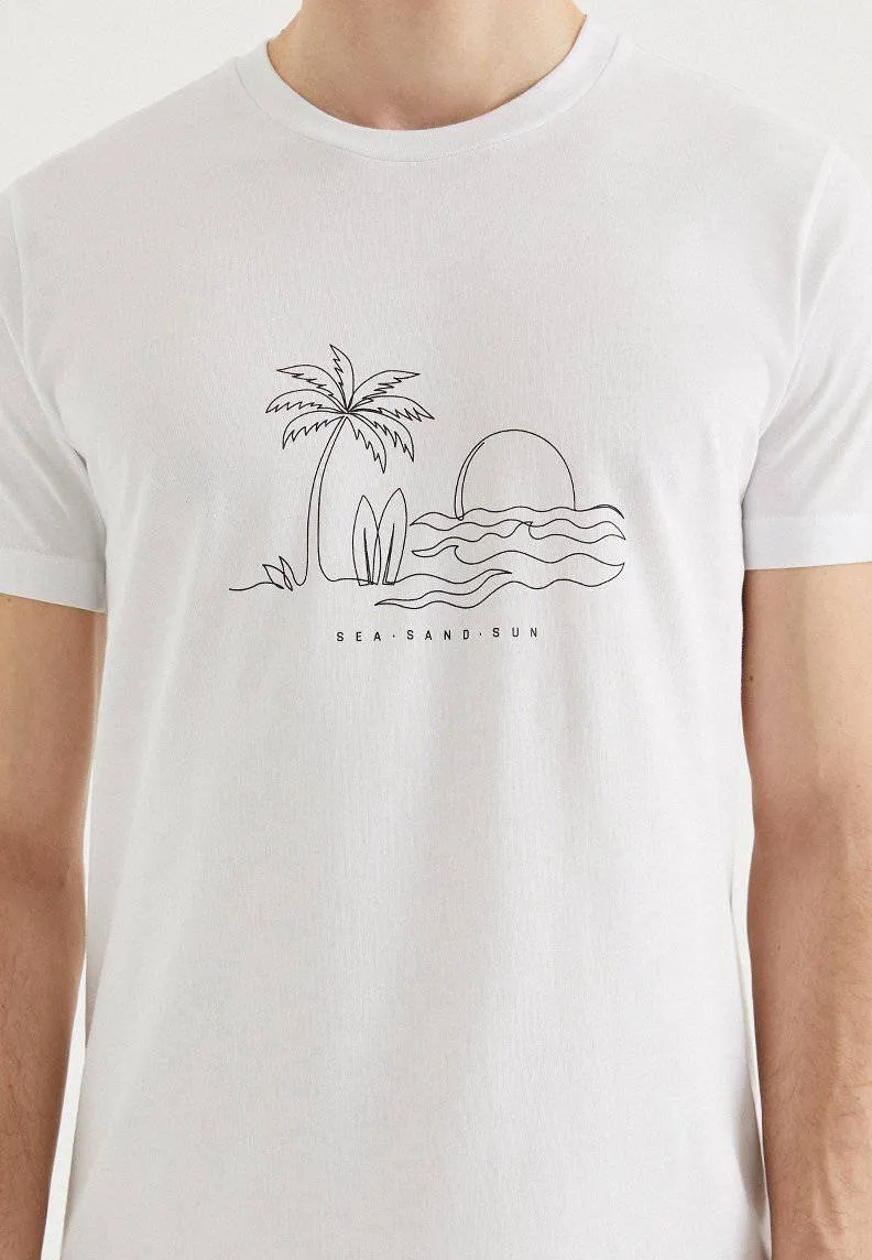Beyaz Baskılı Bisiklet Yaka Pamuklu Regular Fit Erkek T-Shirt SAND