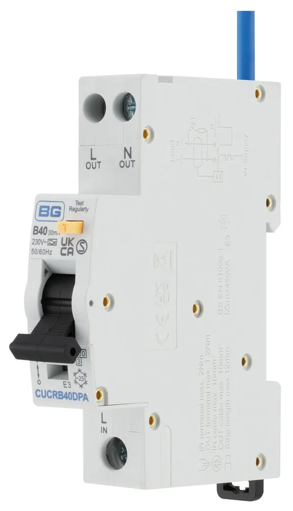 BG CUCRB40DPA 40A Double Pole 1 Module B Curve 6kA 30mA Type A Compact RCBO