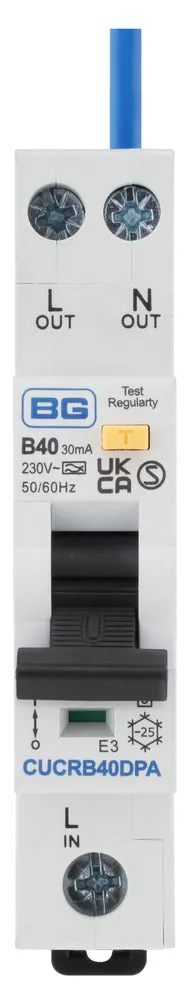 BG CUCRB40DPA 40A Double Pole 1 Module B Curve 6kA 30mA Type A Compact RCBO