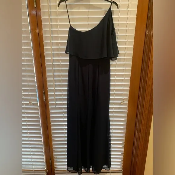 Bill Levkoff Navy Chiffon One Shoulder Floor Length Gown size 8 NWT