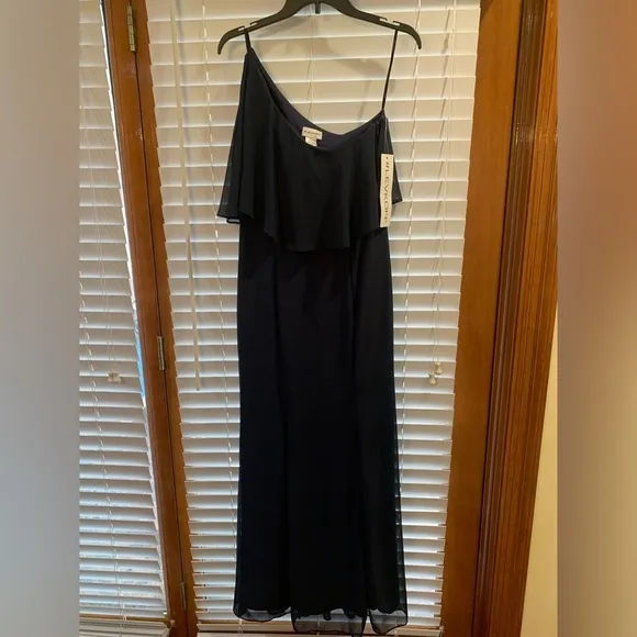 Bill Levkoff Navy Chiffon One Shoulder Floor Length Gown size 8 NWT