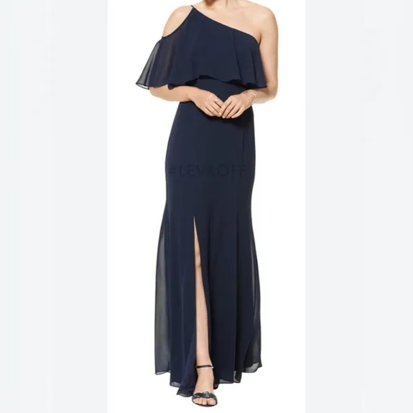 Bill Levkoff Navy Chiffon One Shoulder Floor Length Gown size 8 NWT