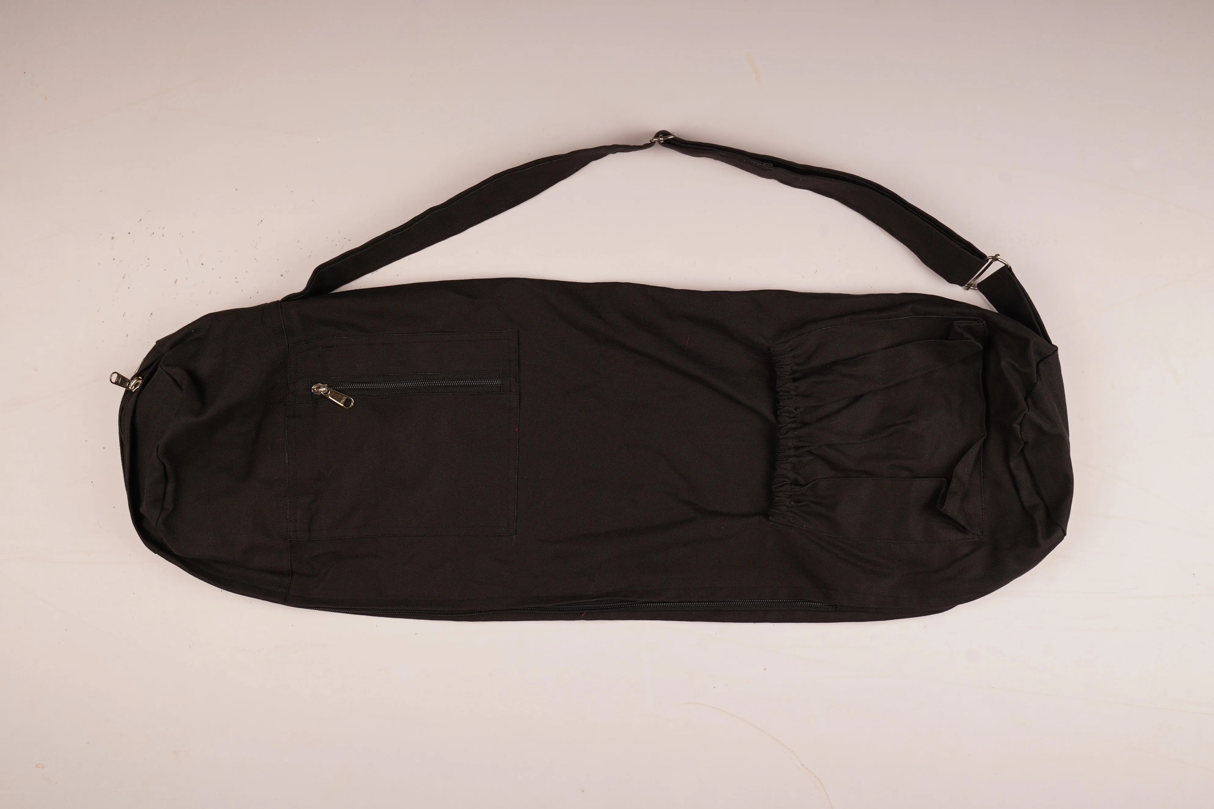 BLACK YOGA MAT BAG WITH COTTON ADJUSTABLE STRAPS MULTIPLE POCKETS
