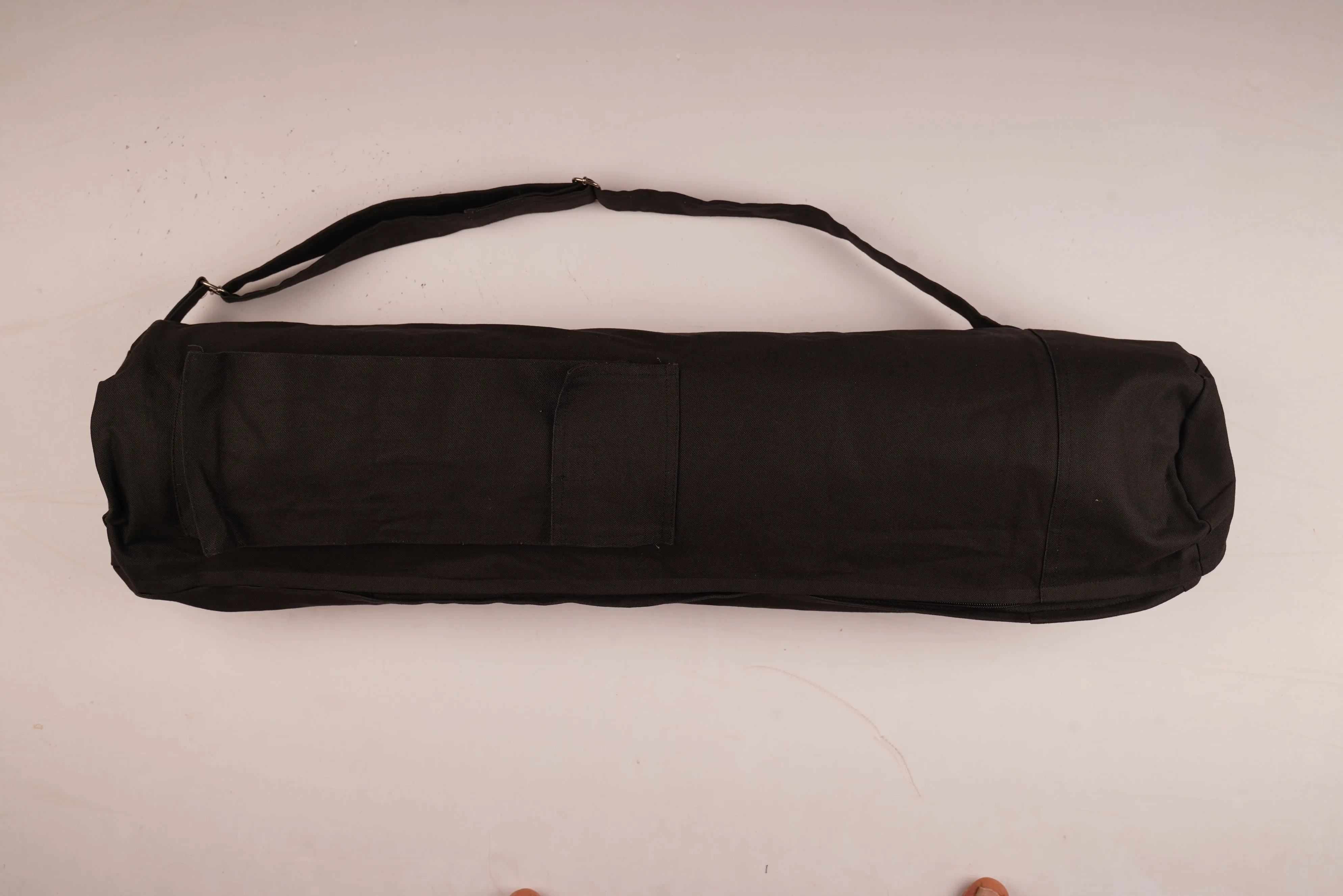 BLACK YOGA MAT BAG WITH COTTON ADJUSTABLE STRAPS MULTIPLE POCKETS