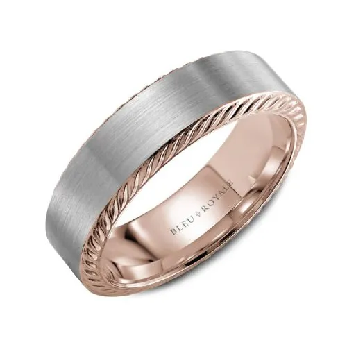 Bleu Royale (6.5mm) 14K White and Rose Gold Roped Edges Mens Band