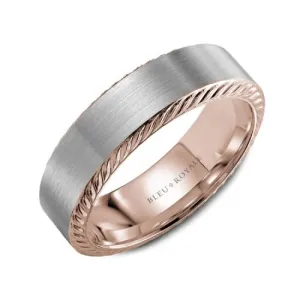 Bleu Royale (6.5mm) 14K White and Rose Gold Roped Edges Mens Band