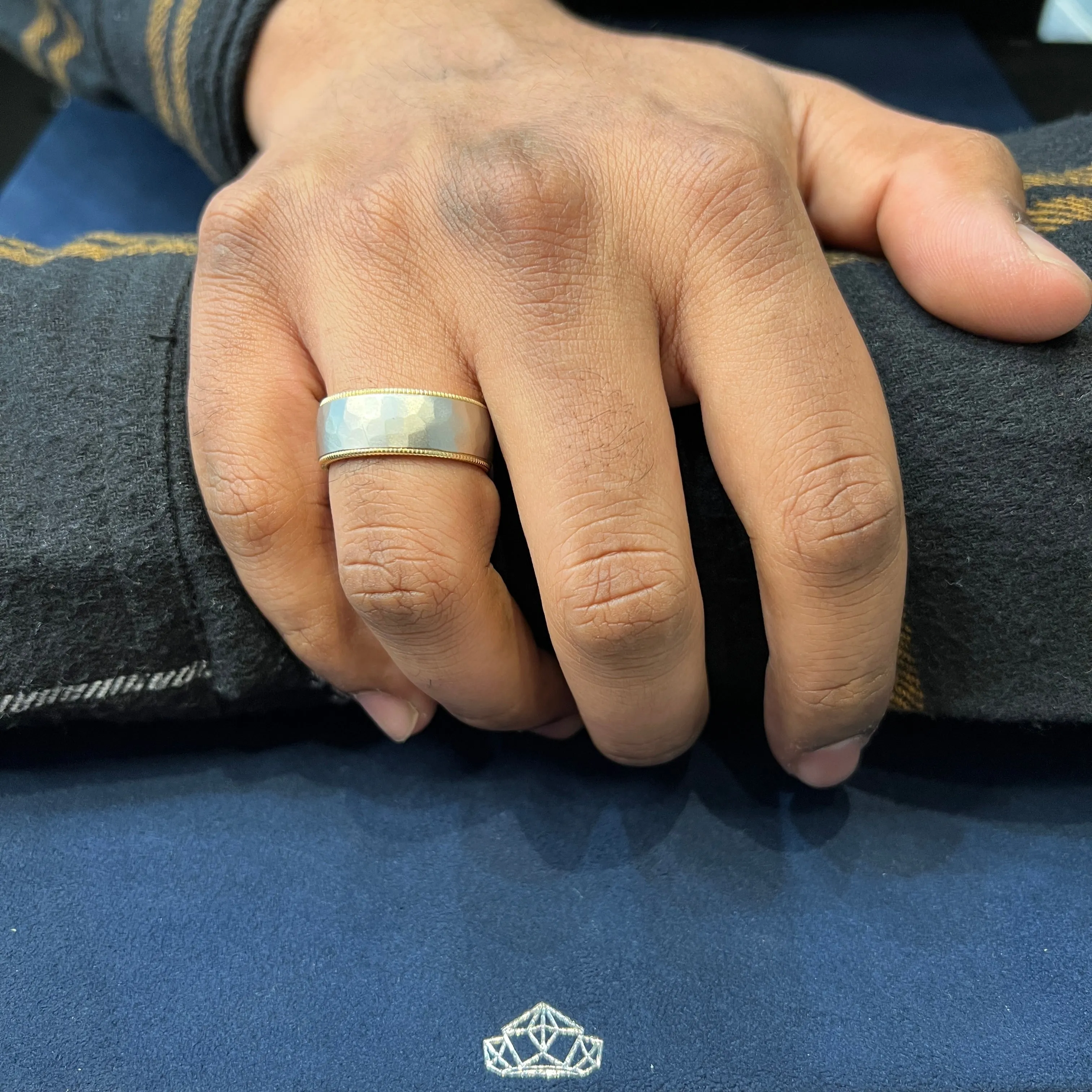Bleu Royale (7.5mm) 14K White and Yellow Gold Frosted Hammered Finish Mens Band