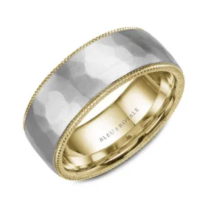 Bleu Royale (7.5mm) 14K White and Yellow Gold Frosted Hammered Finish Mens Band