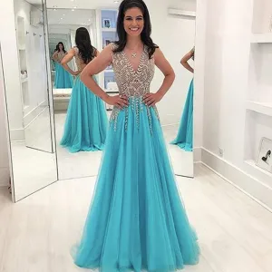 blue beaded prom dresses long v neck crystals a line elegant sleeveless prom gown robe de soiree