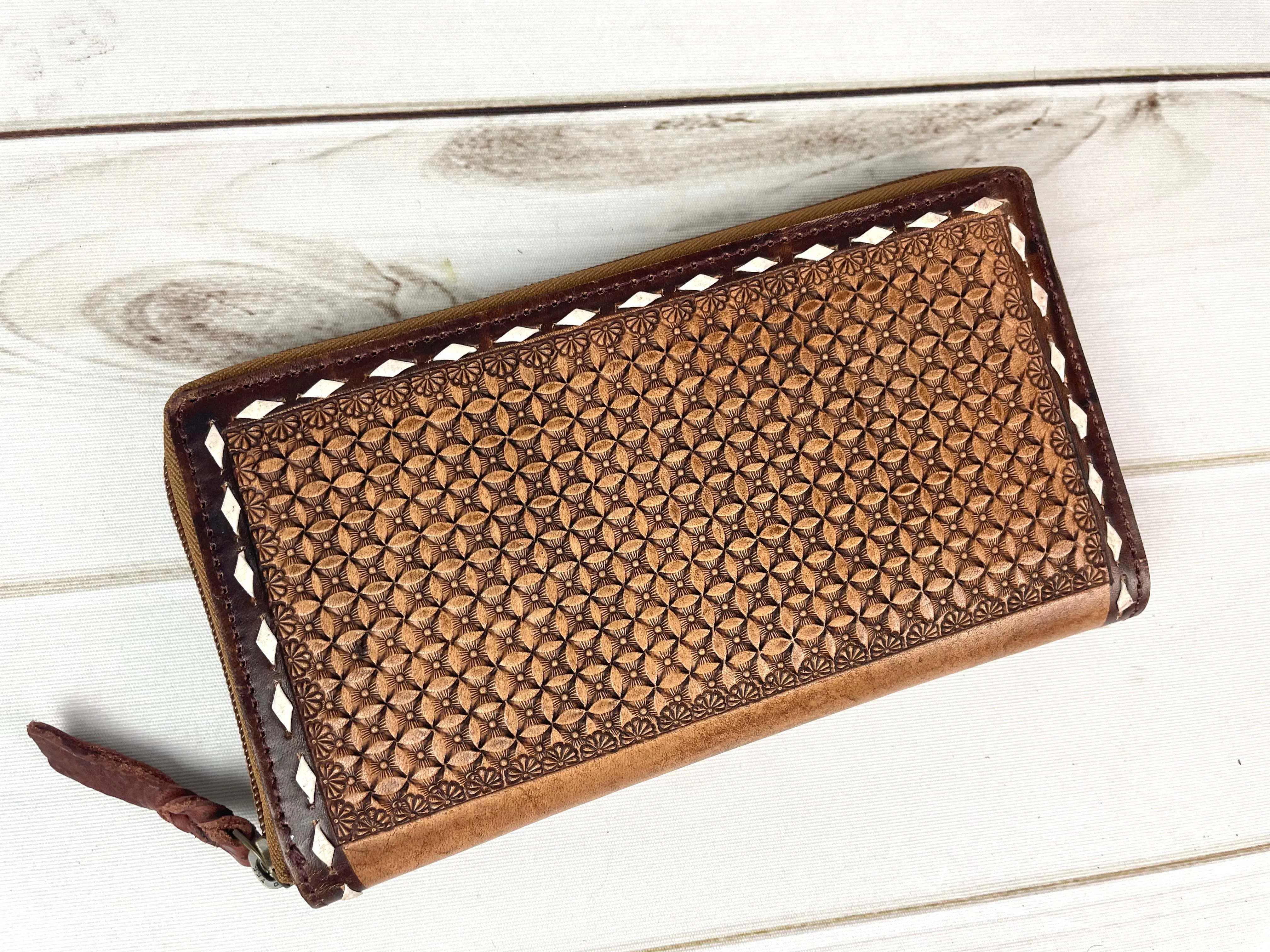 Brown Floral and Scroll Tooled Leather Buckstitch Zipper Wallet