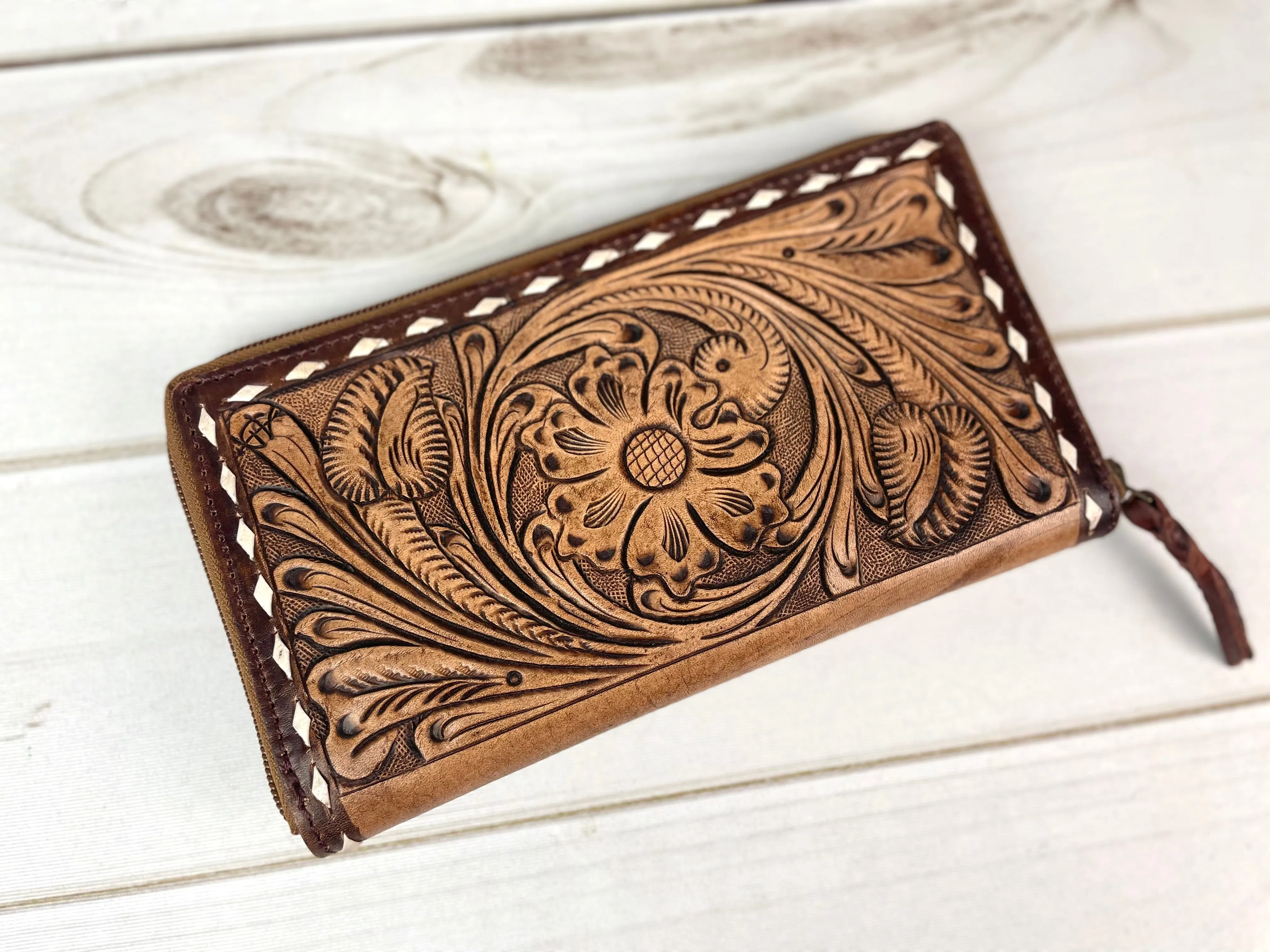 Brown Floral and Scroll Tooled Leather Buckstitch Zipper Wallet