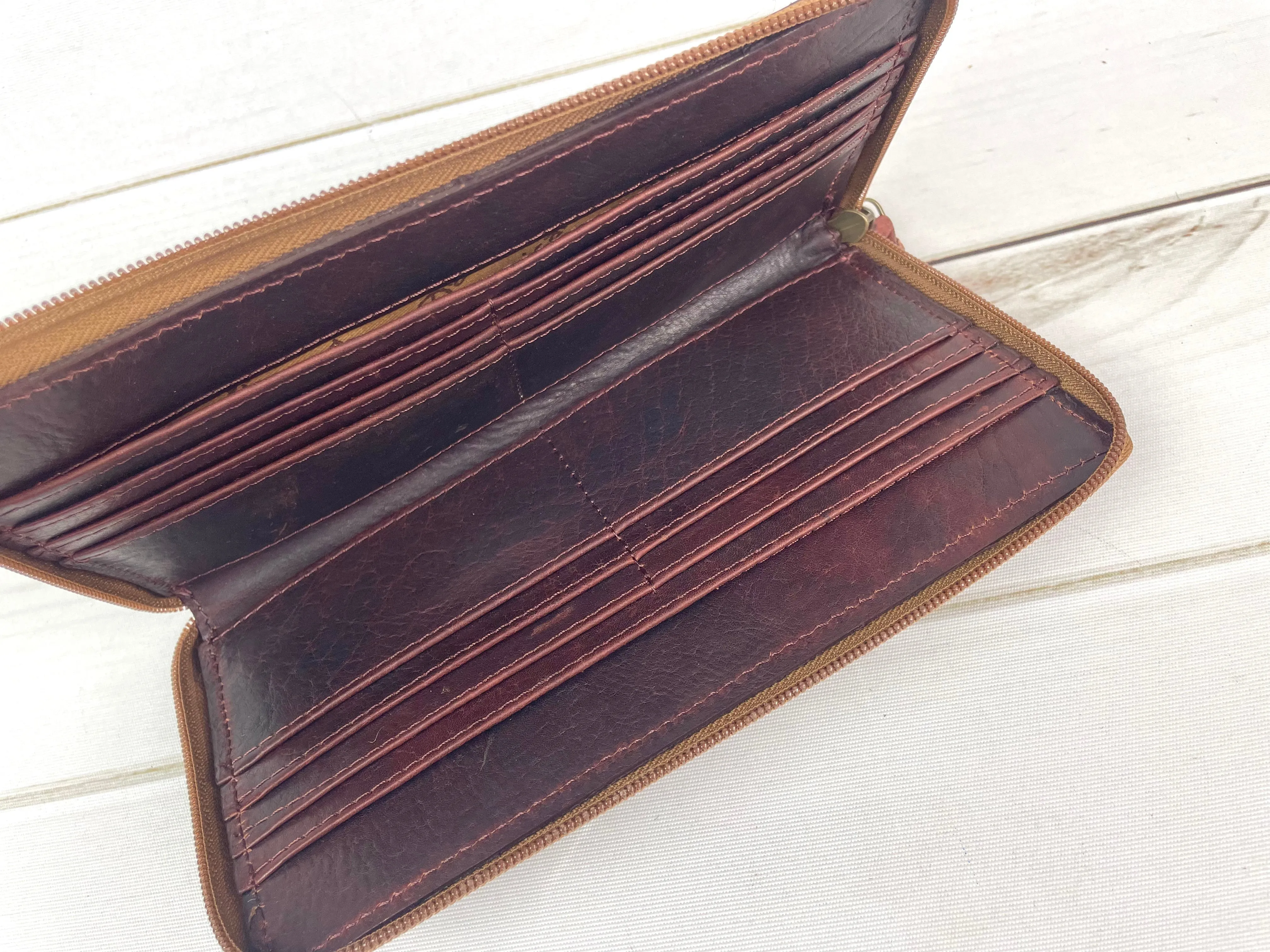 Brown Floral and Scroll Tooled Leather Buckstitch Zipper Wallet