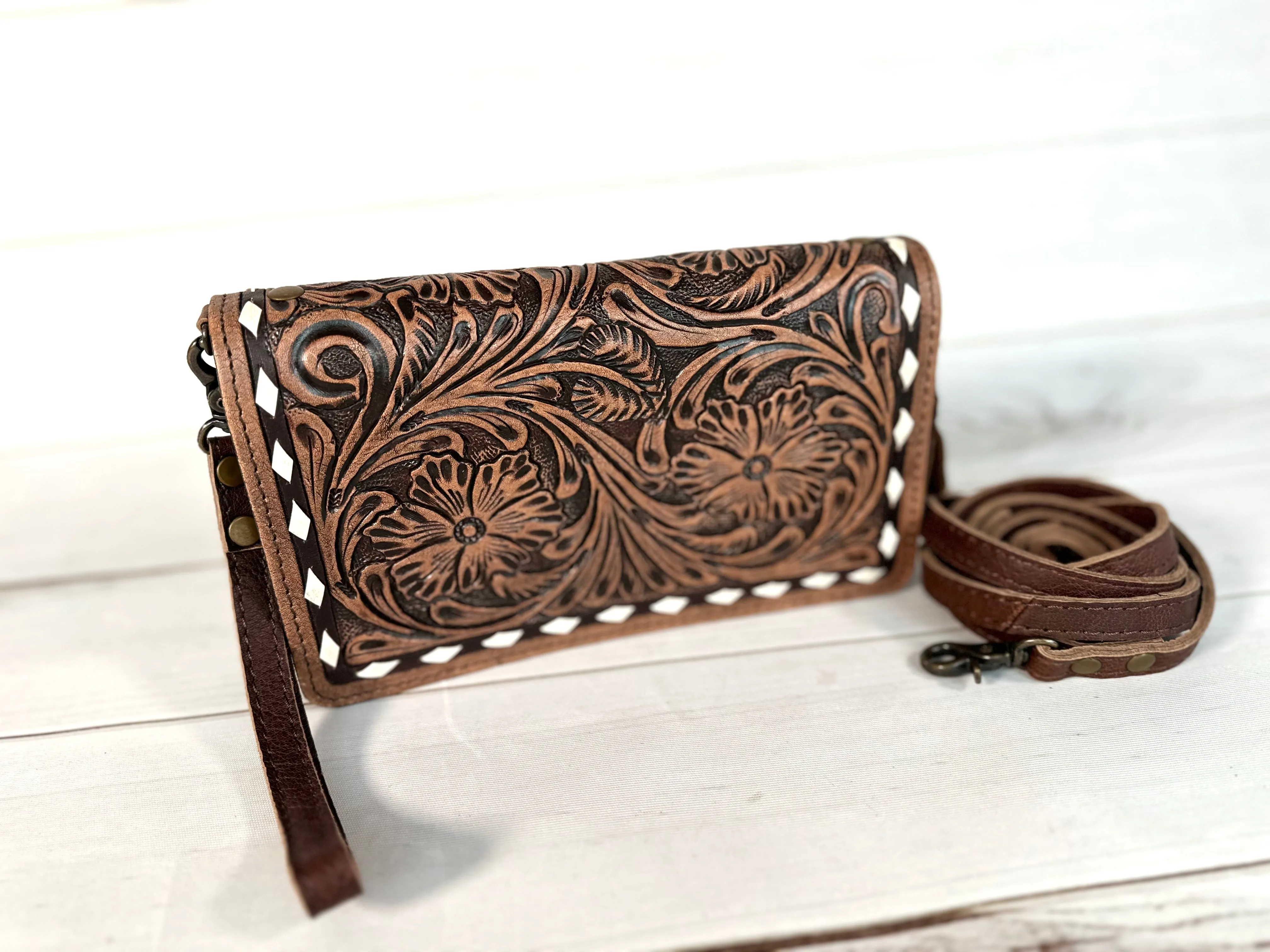 Brown Floral Tooled Buckstitch Carryall Wallet