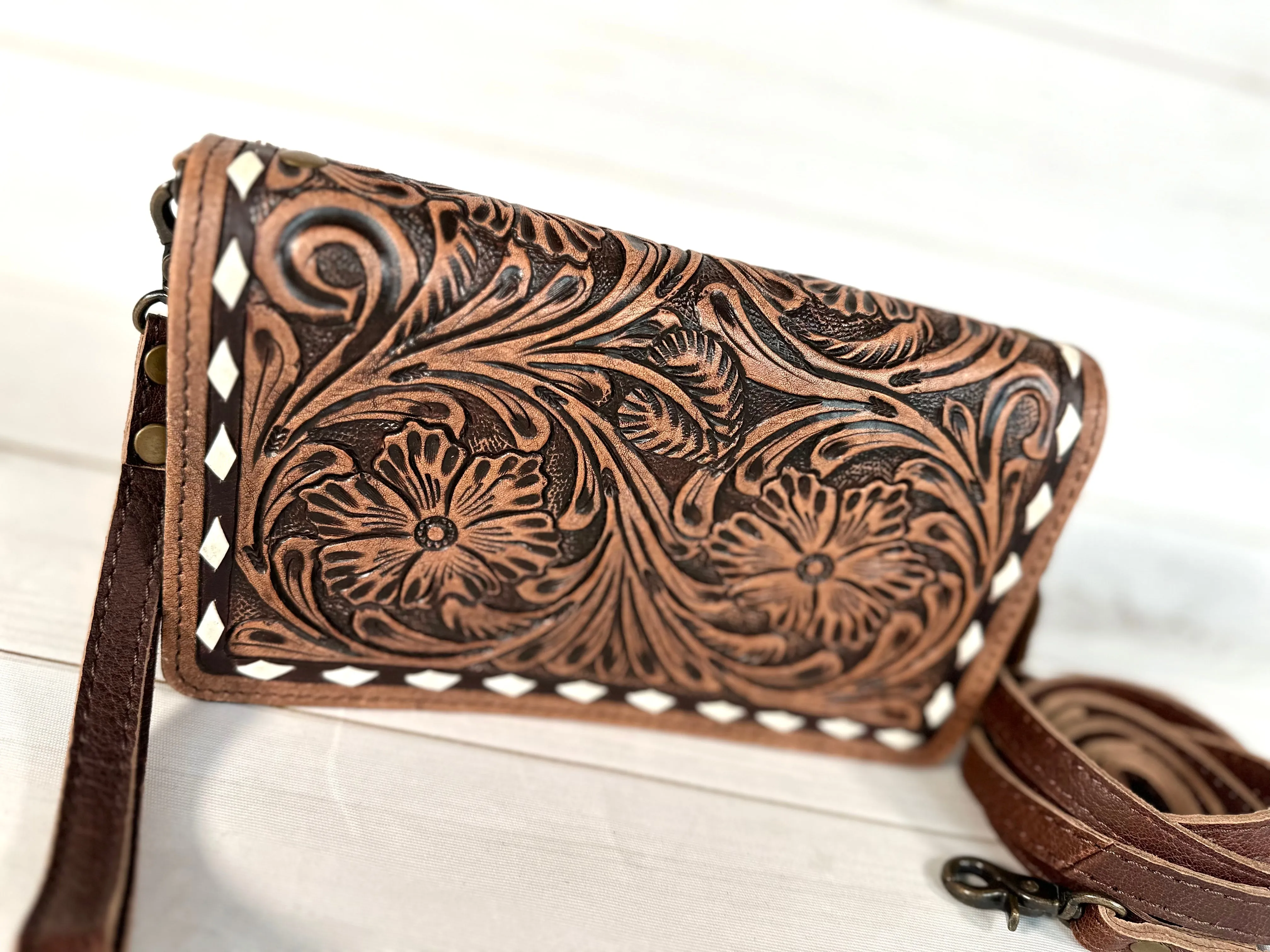 Brown Floral Tooled Buckstitch Carryall Wallet